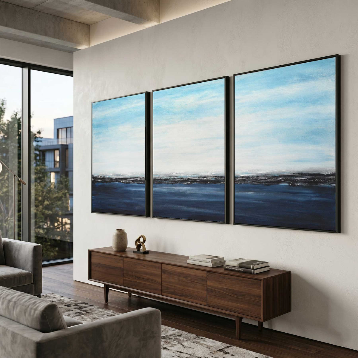 Original Paintings On Canvas Blue Moody 3 Panel Art For Large Walls