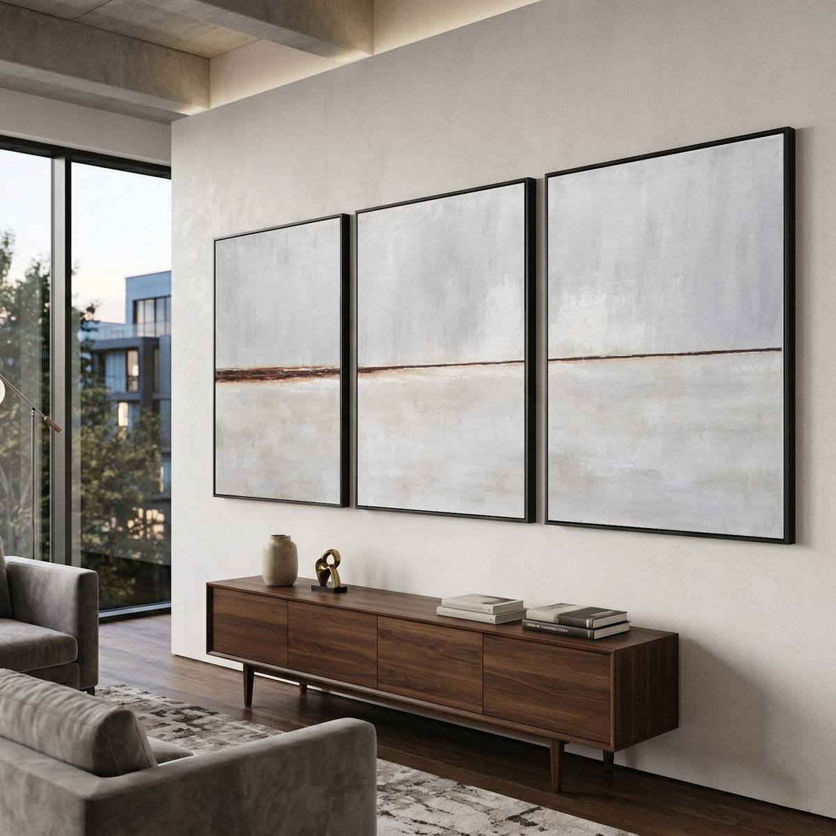 framed Paintings triptych Minimalist Art Beige Gray Oversized Canvas living room
