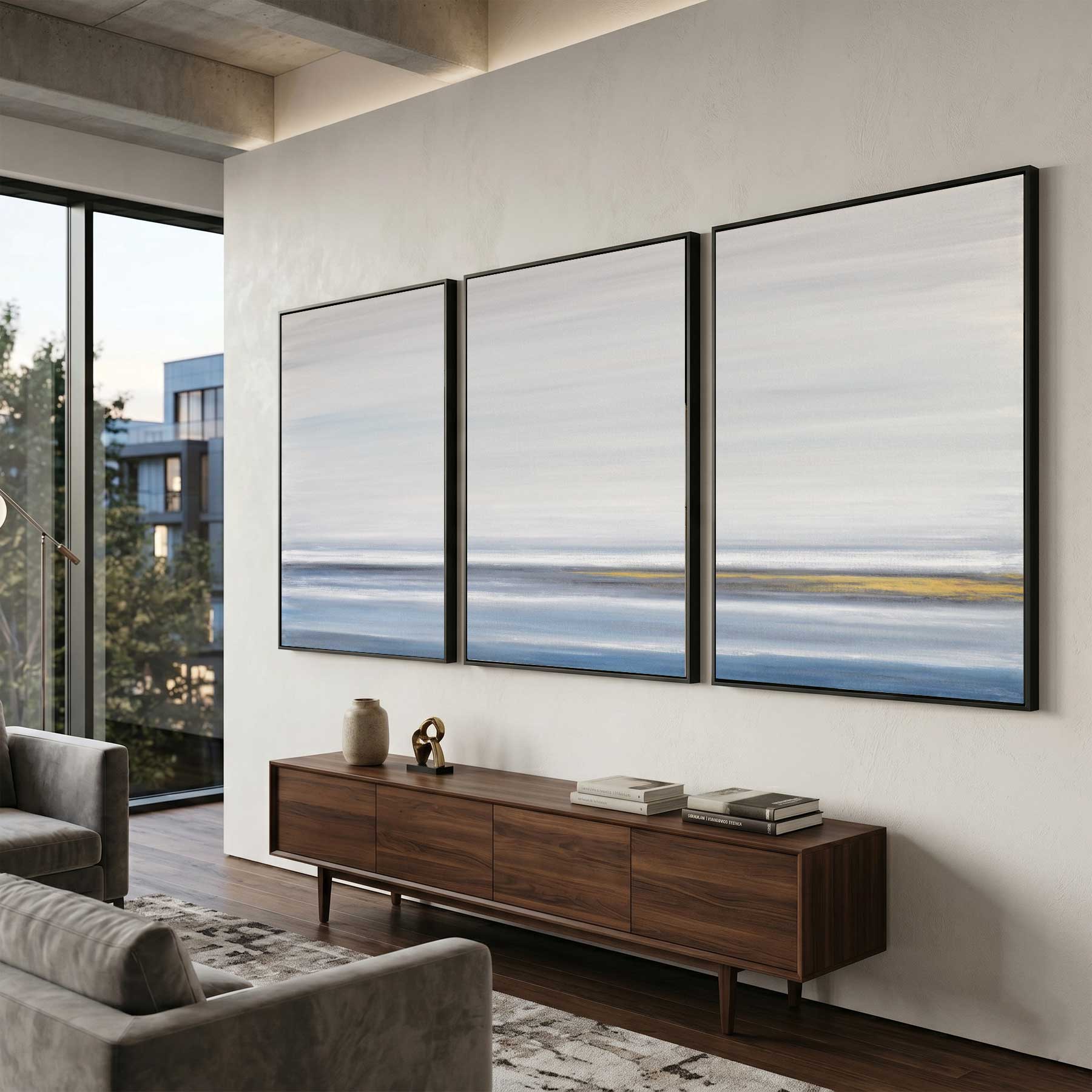 Blue Minimal Triptych Framed Landscape Wall Art living room