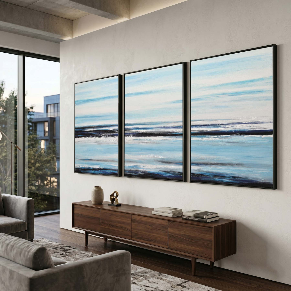 Set Of 3 Original Blue White Coastal Paintings For living room