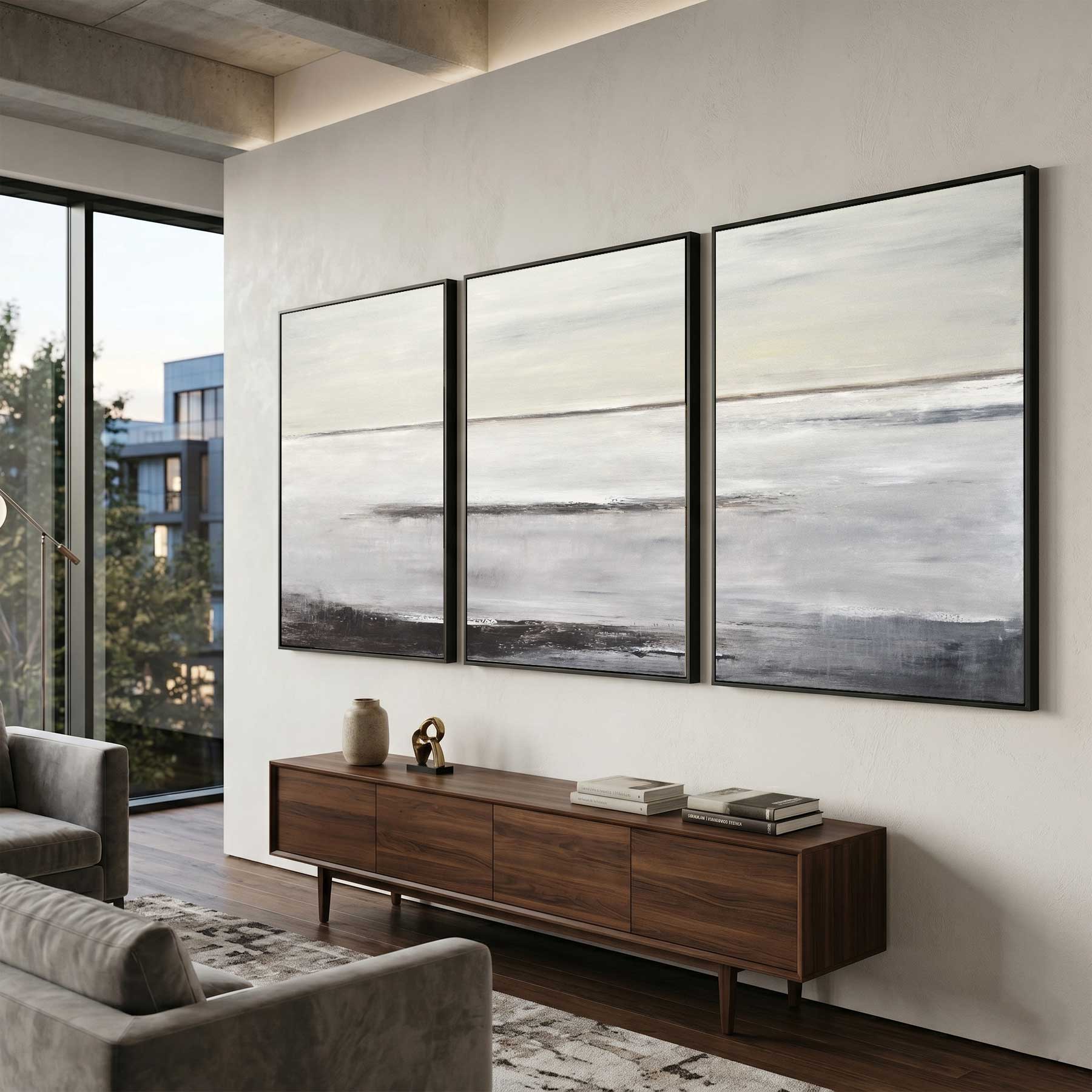 Contemporary Oversized living room Painting Set Of 3 Brown Beige Art