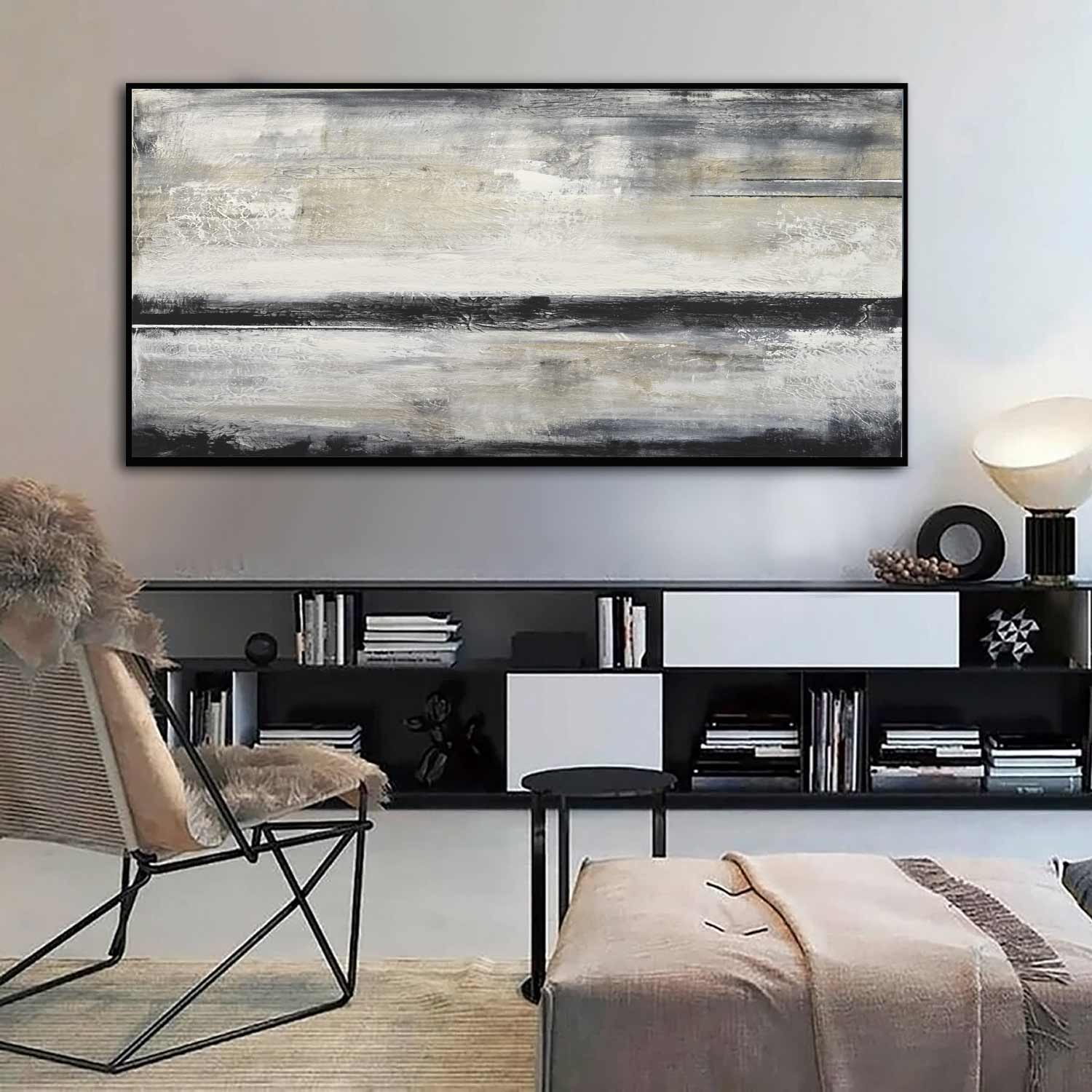 Panorama Framed Abstract Beige Gray Art Line Horizon