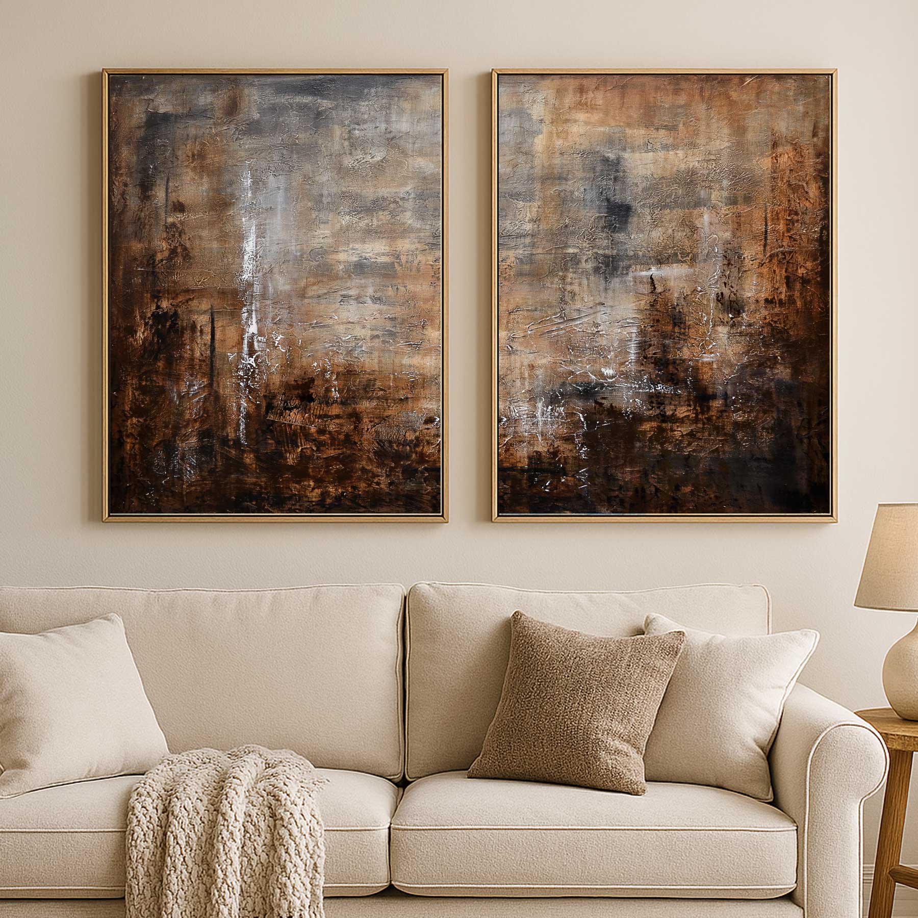 abstract above couch Earth Tones Set Of 2 Panels Original Paintings Brown Art
