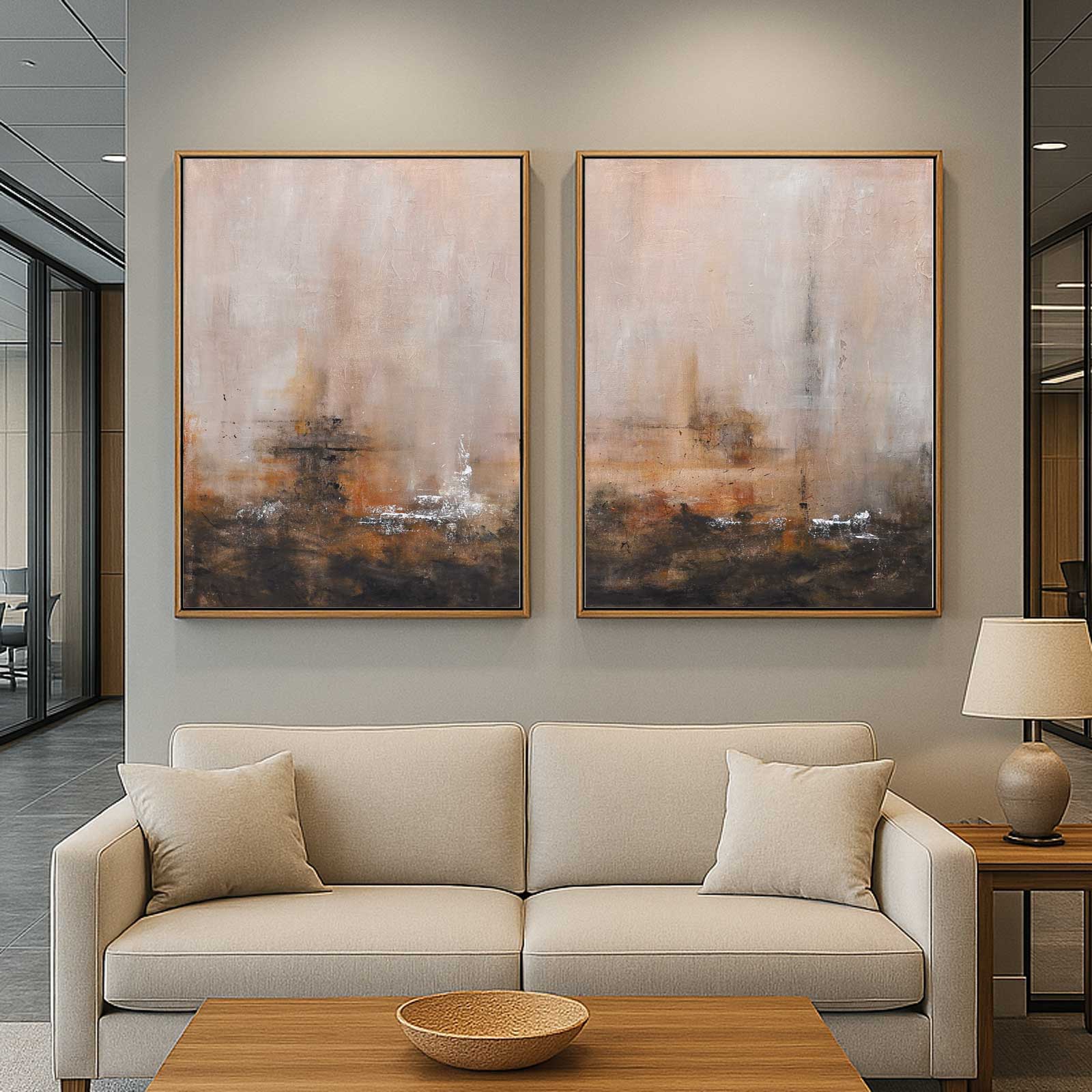 Two Piece Abstract Art Earth Tones Multi Panel Brown Siena Painting