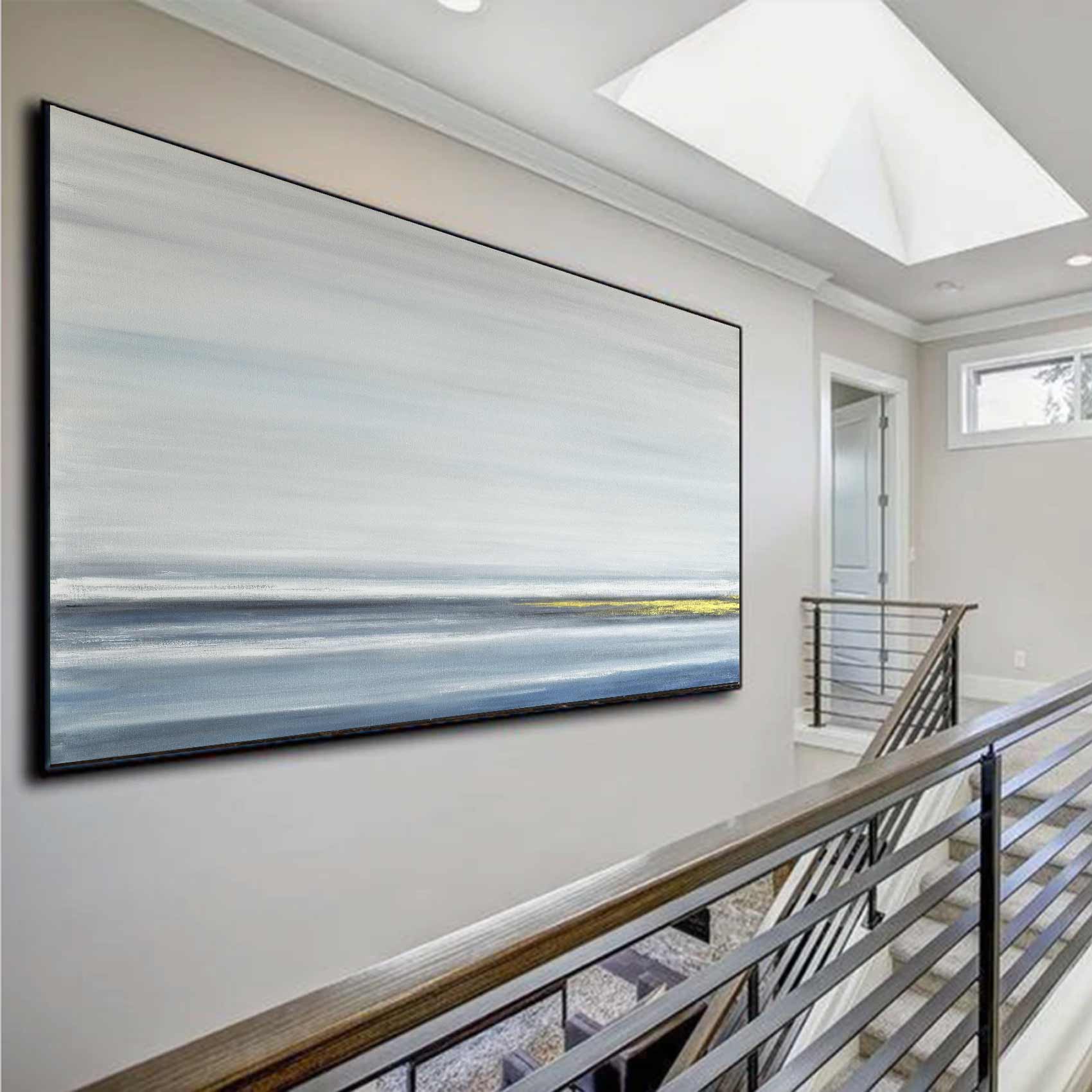 panoramic Large Blue Gold Painting Above Sofa Framed Art Long Minimal