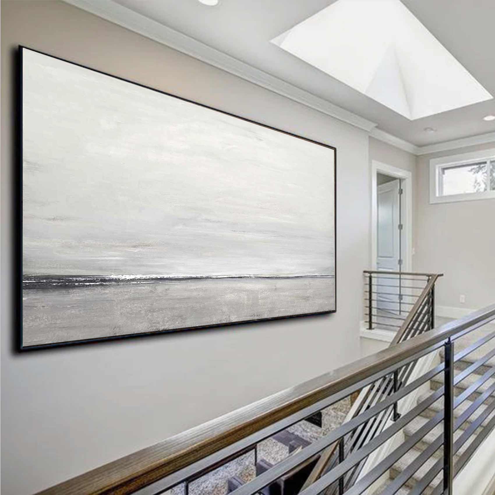 Long Wide Minimalist Greige Art Over Sofa Landscape Painting staircase