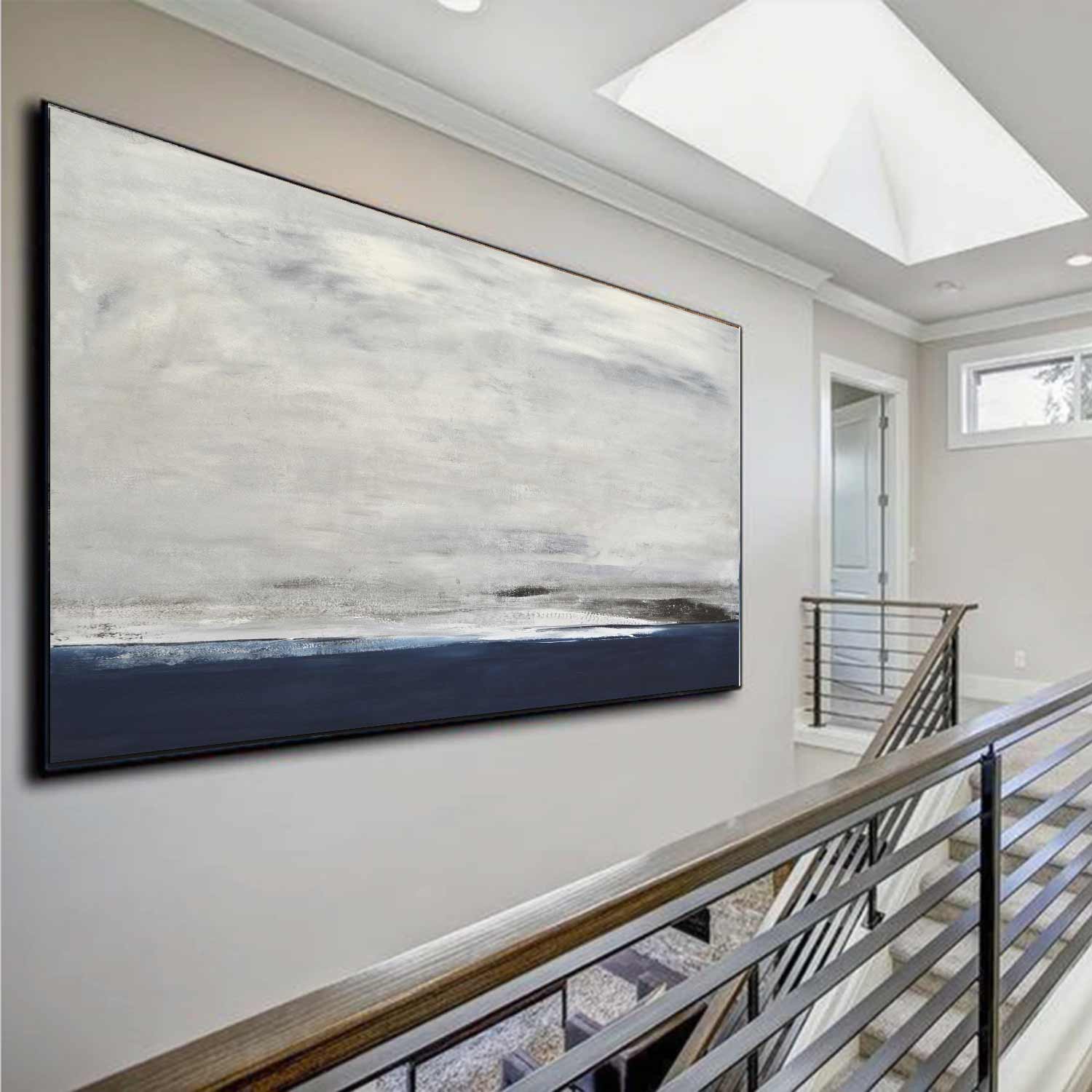 Seascape Scene Large Painting Blue Gray Long Artwork staircase hallway
