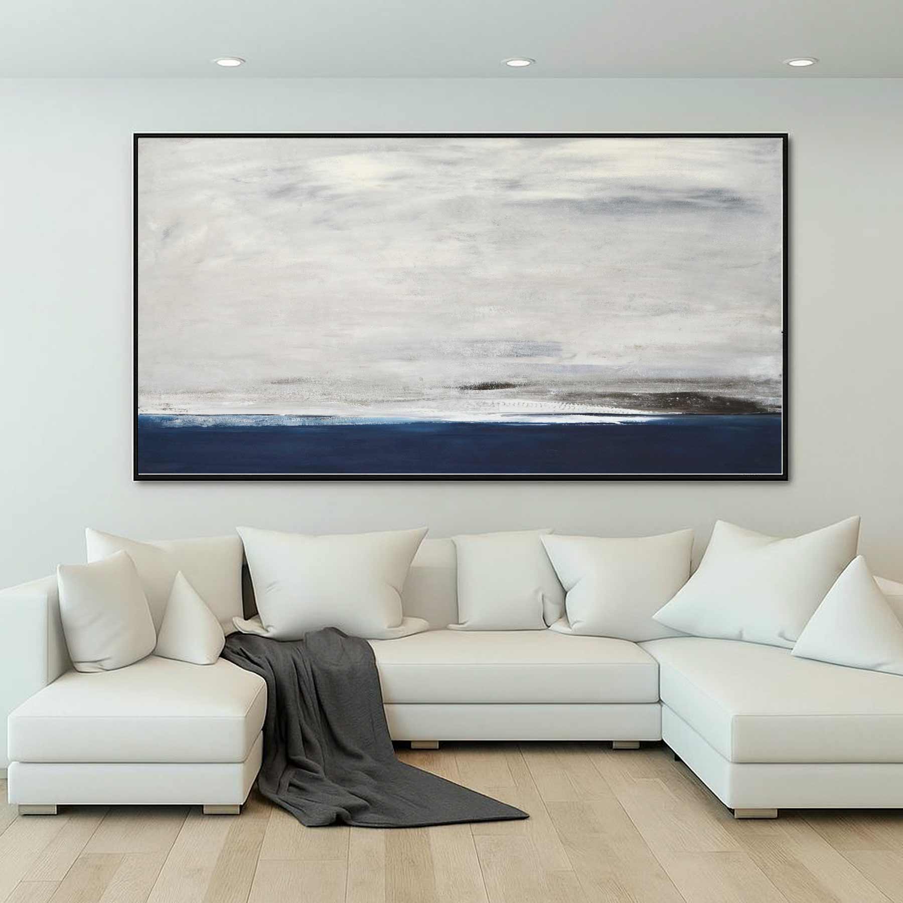 Seascape Scene Large Painting Blue Gray Long Artwork panoramic