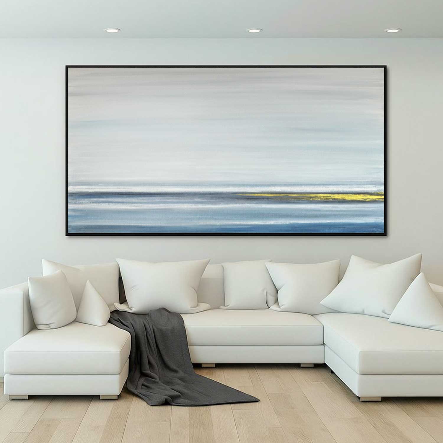 Large Blue Gold Painting Above Sofa Framed Art Long Minimalist oversized