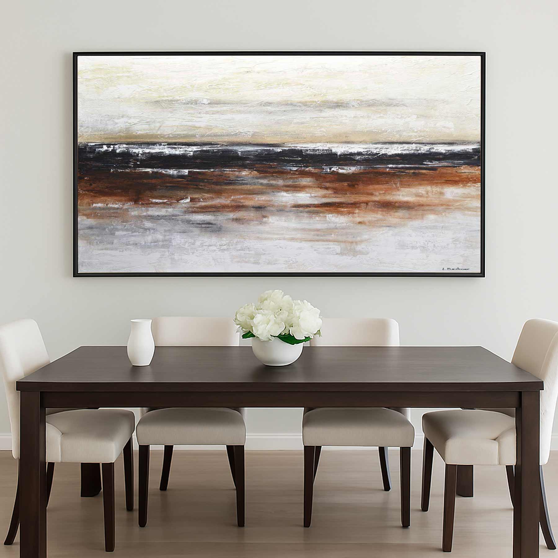Landscape Painting Black Band Line Abstract Wall Art Panoramic dining room