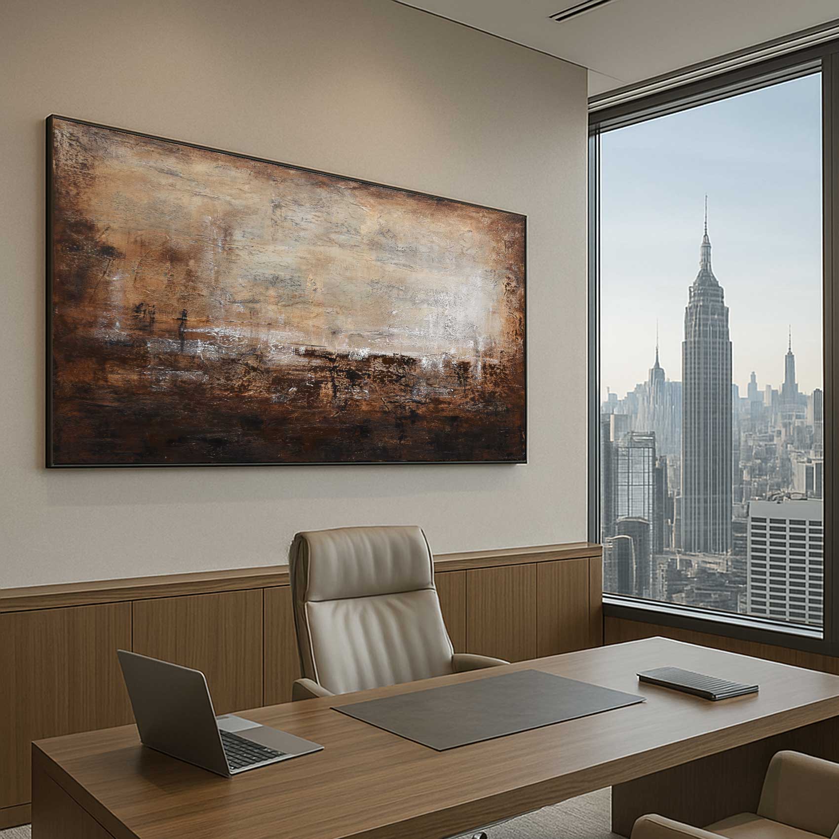 Modern office desk with laptop, chair, and large abstract painting in a room with a cityscape view.