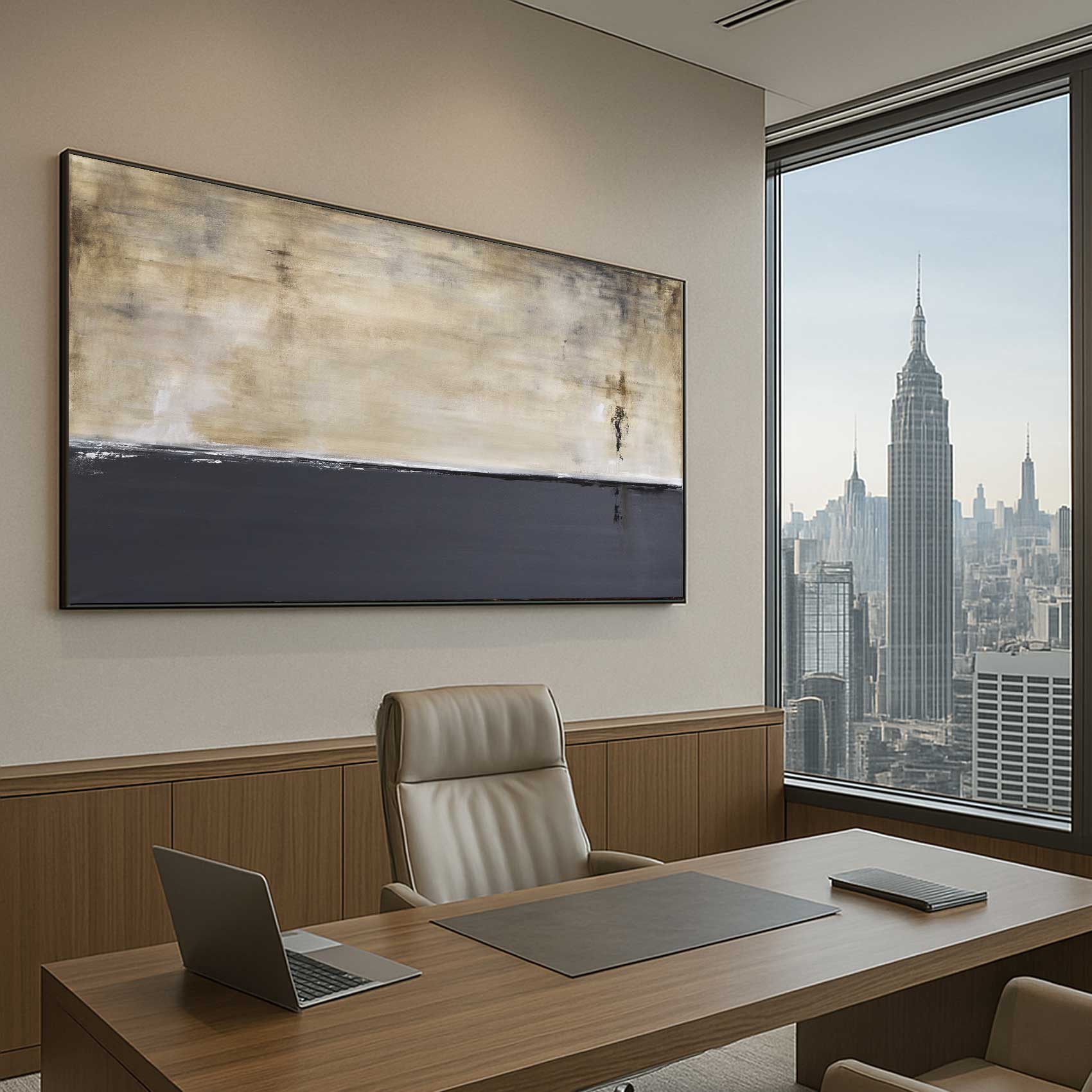 Modern office desk with laptop, chair, and large abstract painting in a room with cityscape view.