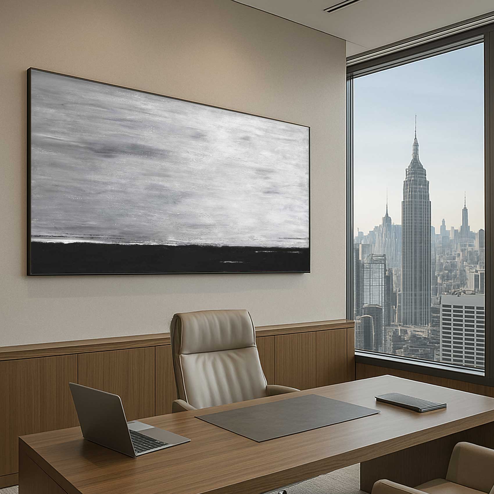 Gray Black Landscape Painting Gray Sky For Office wall Framed Art 