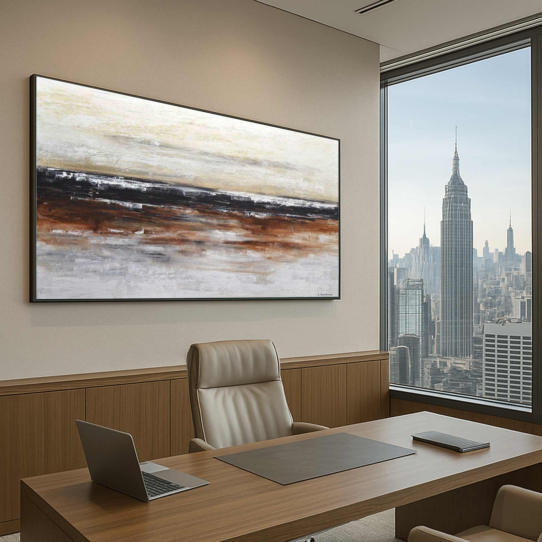 office wall Landscape Painting Black Band Line Abstract Wall Art Panoramic