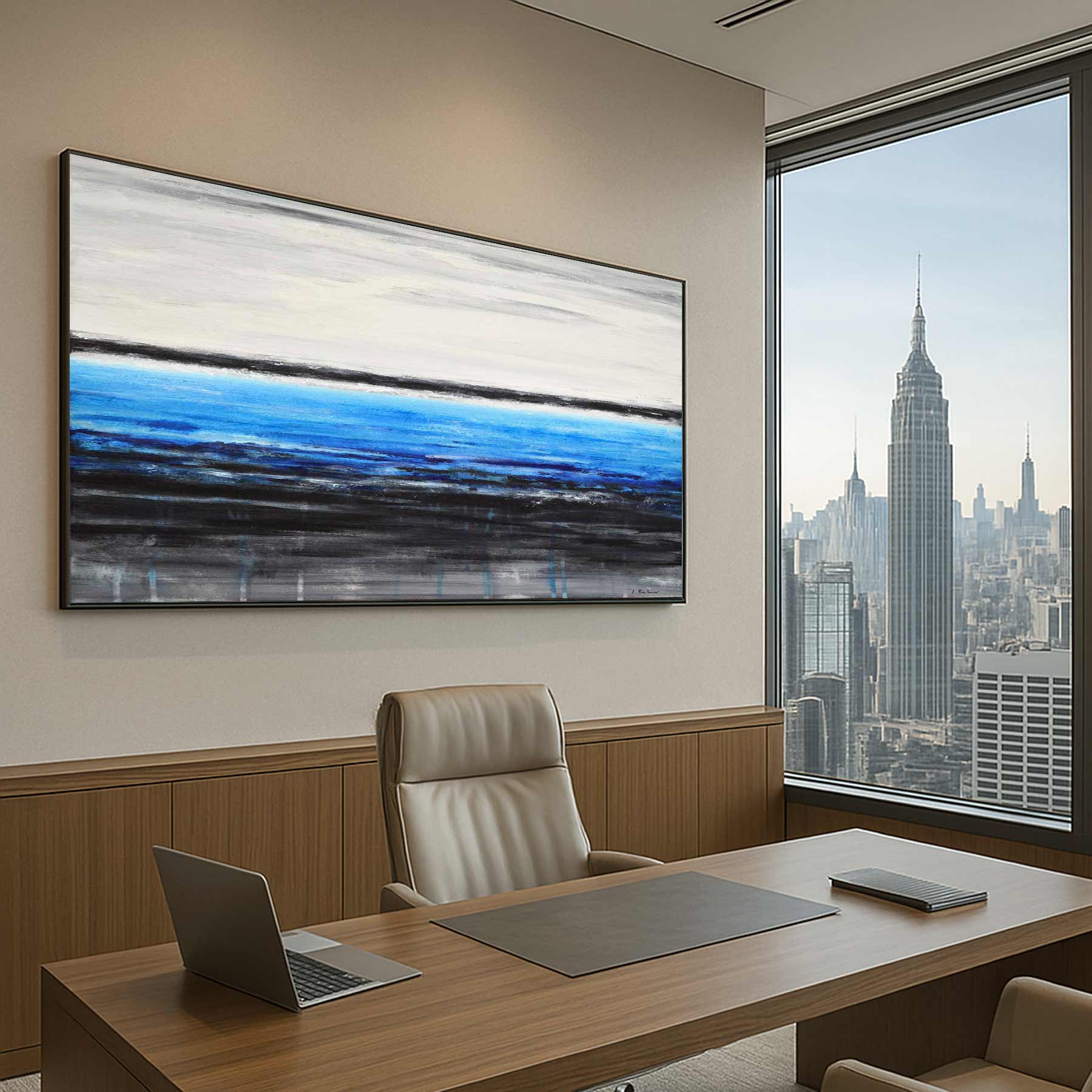 office Deep Blue Seascape Painting Framed Art Modern Design painting 