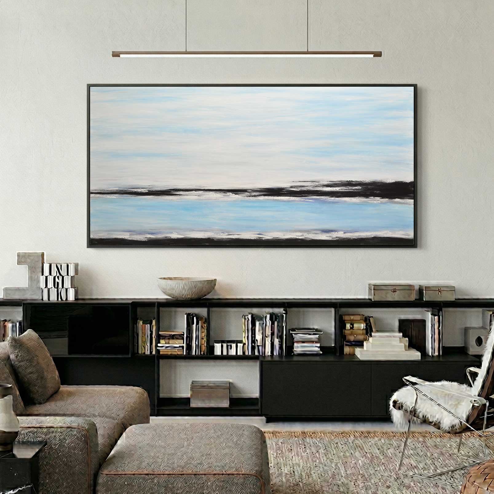 blue Panorama Hand Painted Seascape Painting in living room