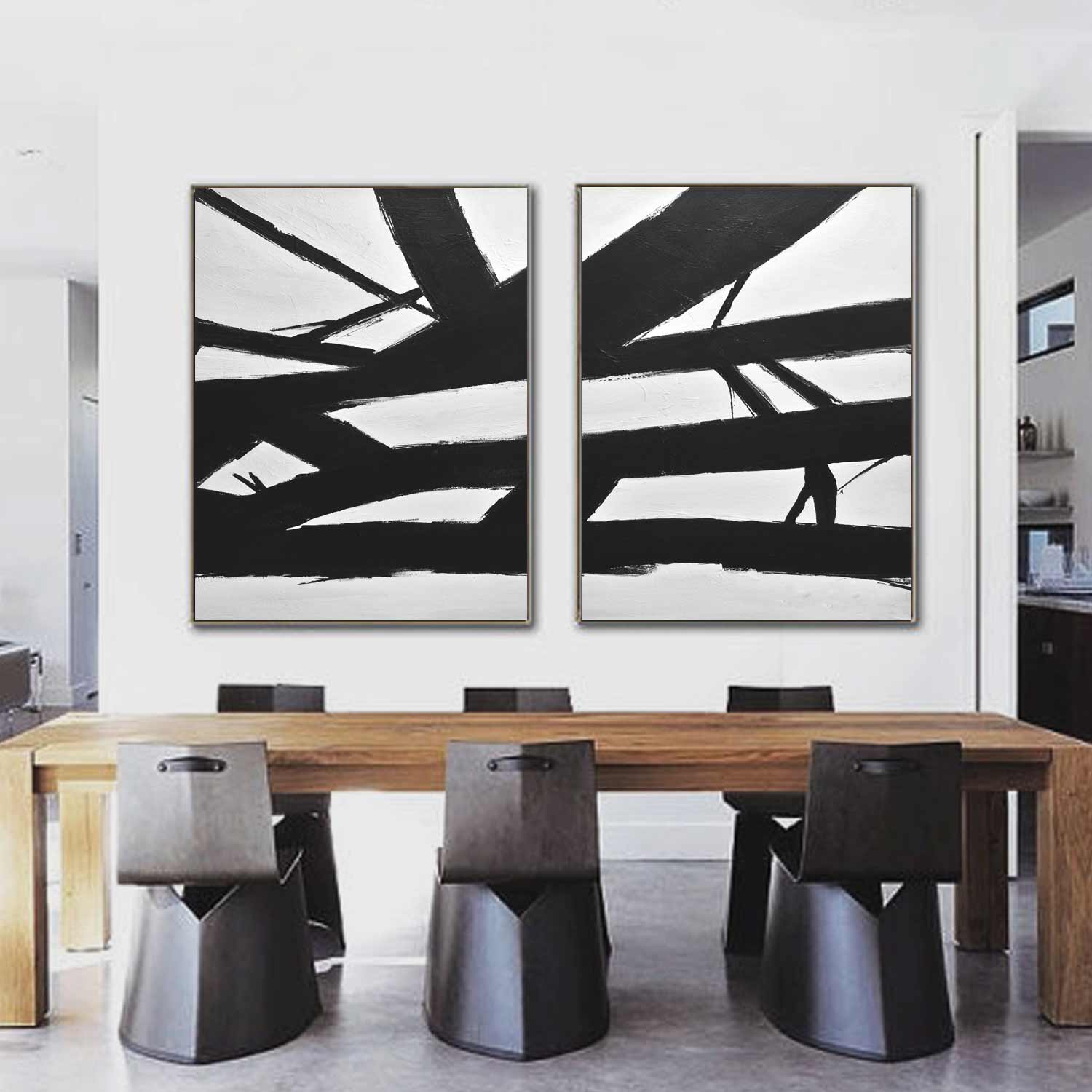 set of 2 large paintings black white