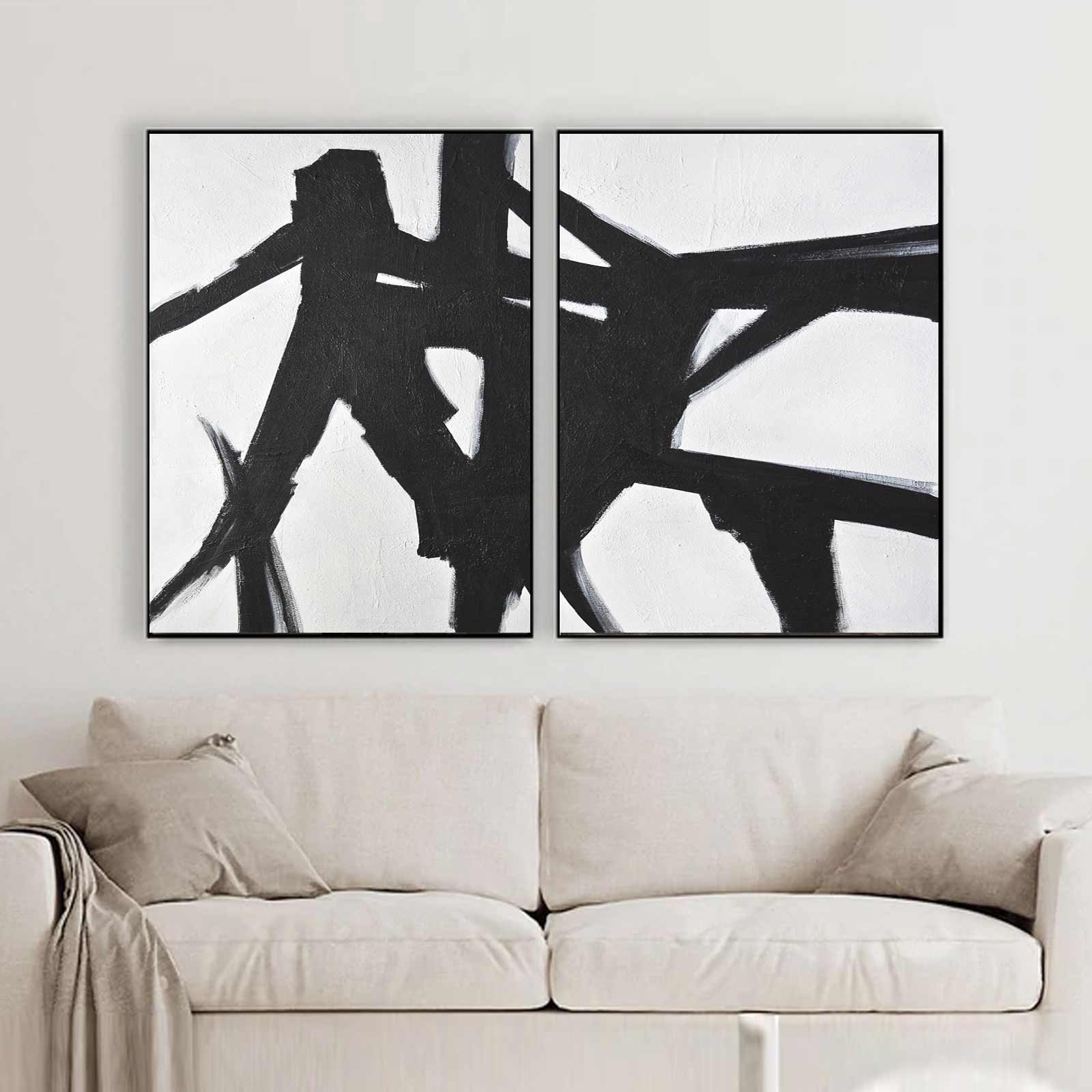 Black White Line Artwork On Canvas set of 2