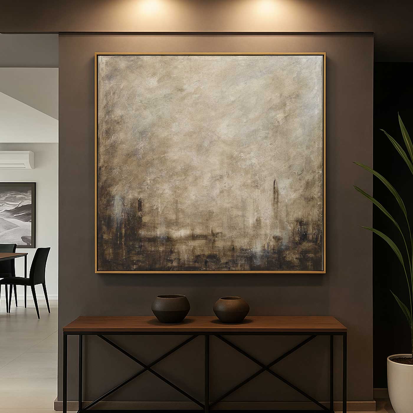 Square Textured Brown Beige Framed Abstract Painting Room Decor hallway