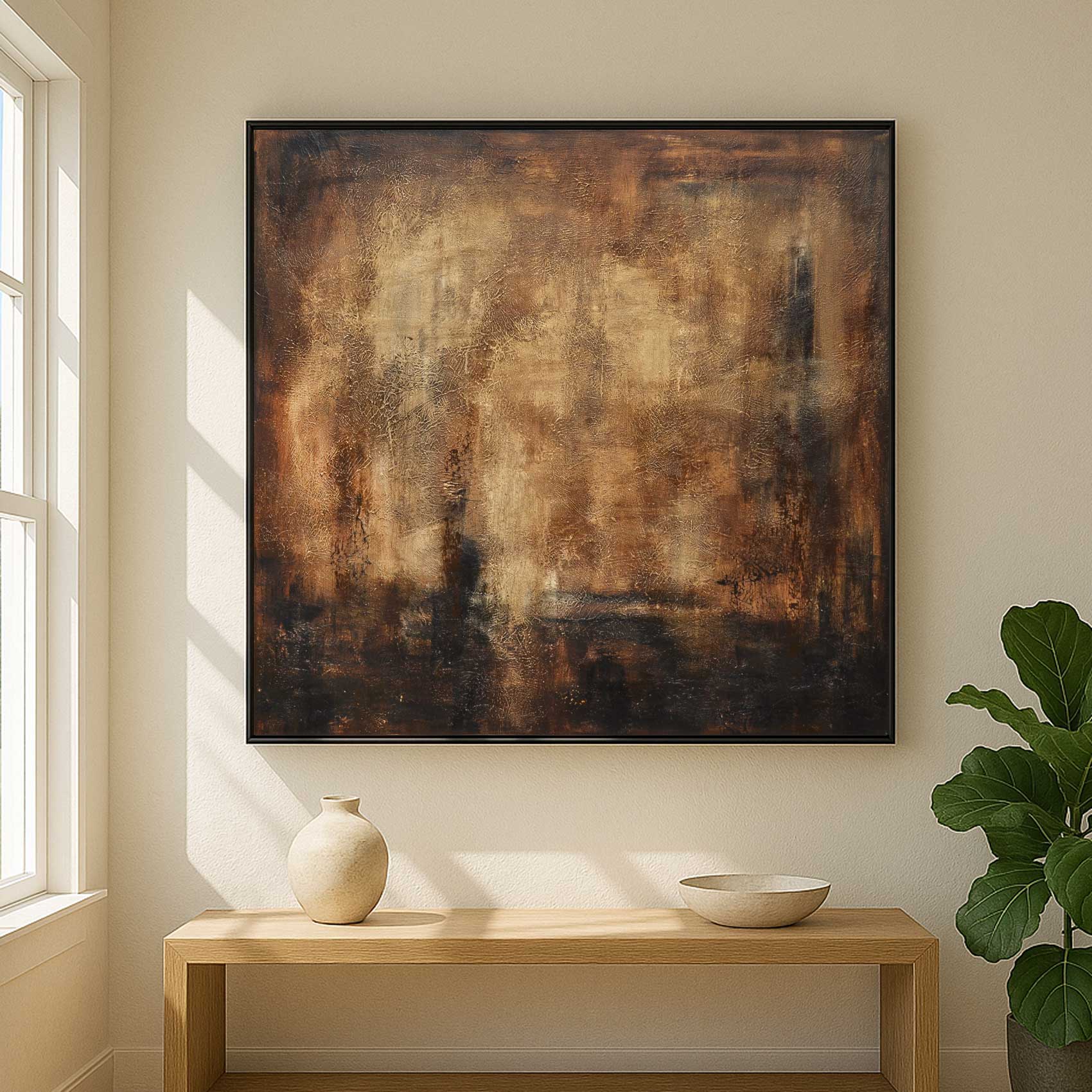 Abstract painting on a wall above a wooden console table with decorative items.