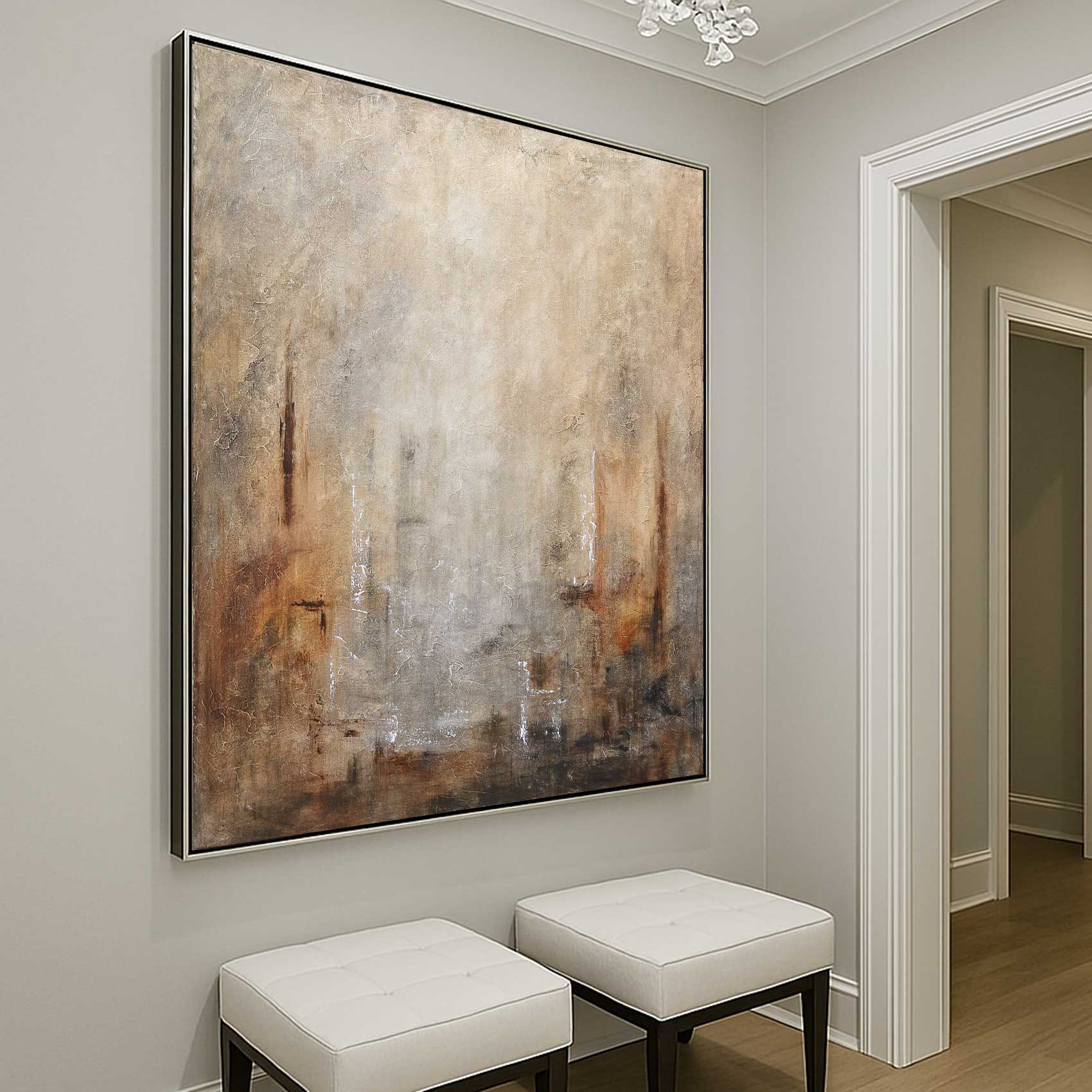 square large entryway Framed Abstract Hand Painted Cozy Brown Sienna Painting Decor