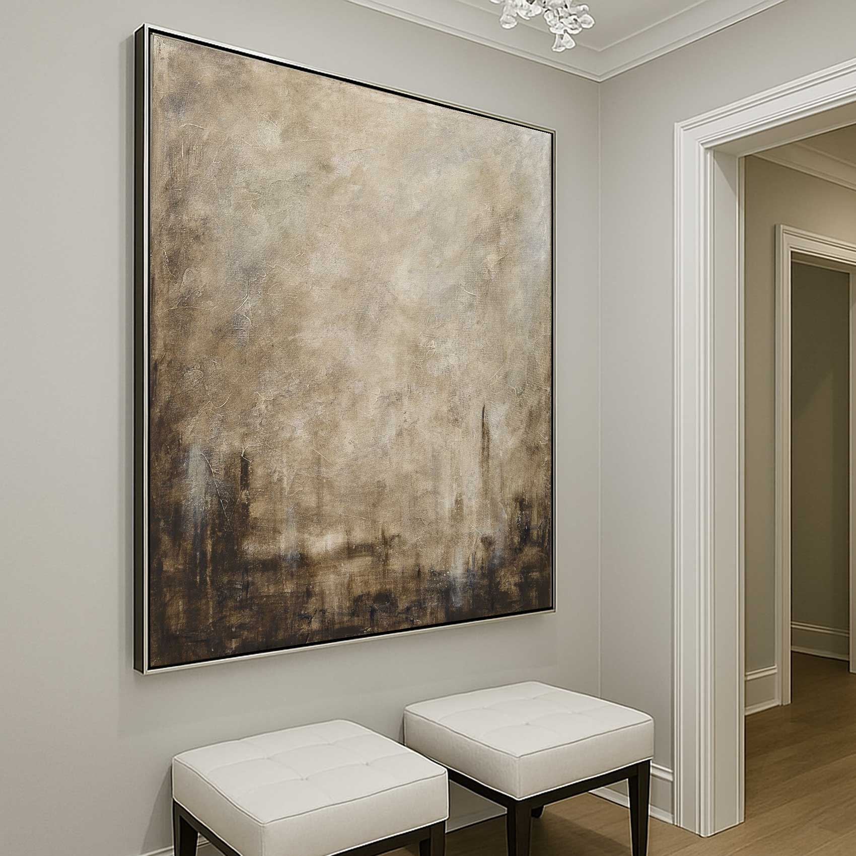 Square Textured Brown Beige Framed Abstract Painting Room Decor