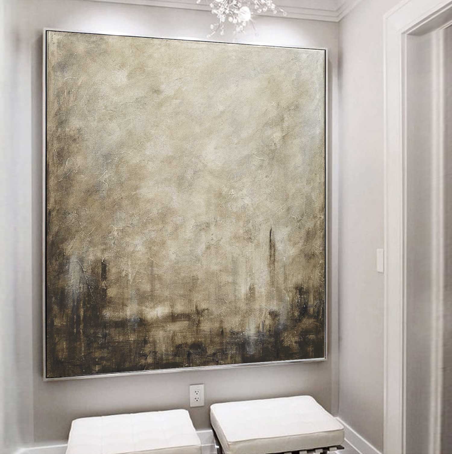 Large original Square Textured Brown Beige Framed Abstract Painting Room Decor