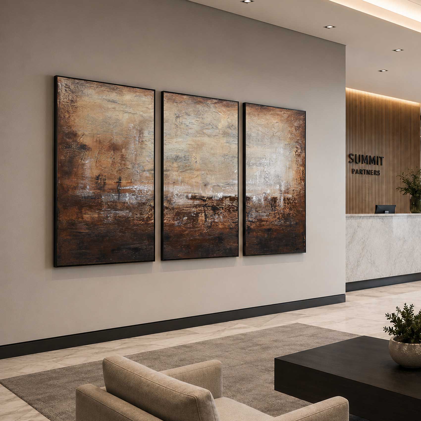 original Brown Triptych Abstract Wall Art 3 Piece Framed Wabi Sabi