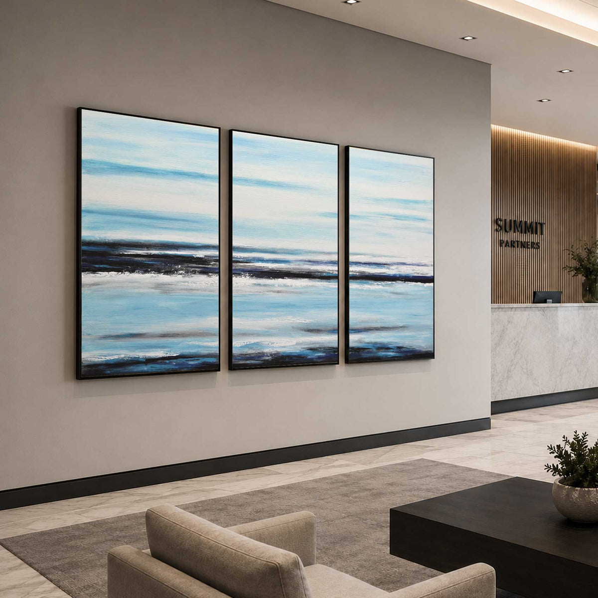 Set Of 3 Original Blue White Coastal Paintings For Office Space