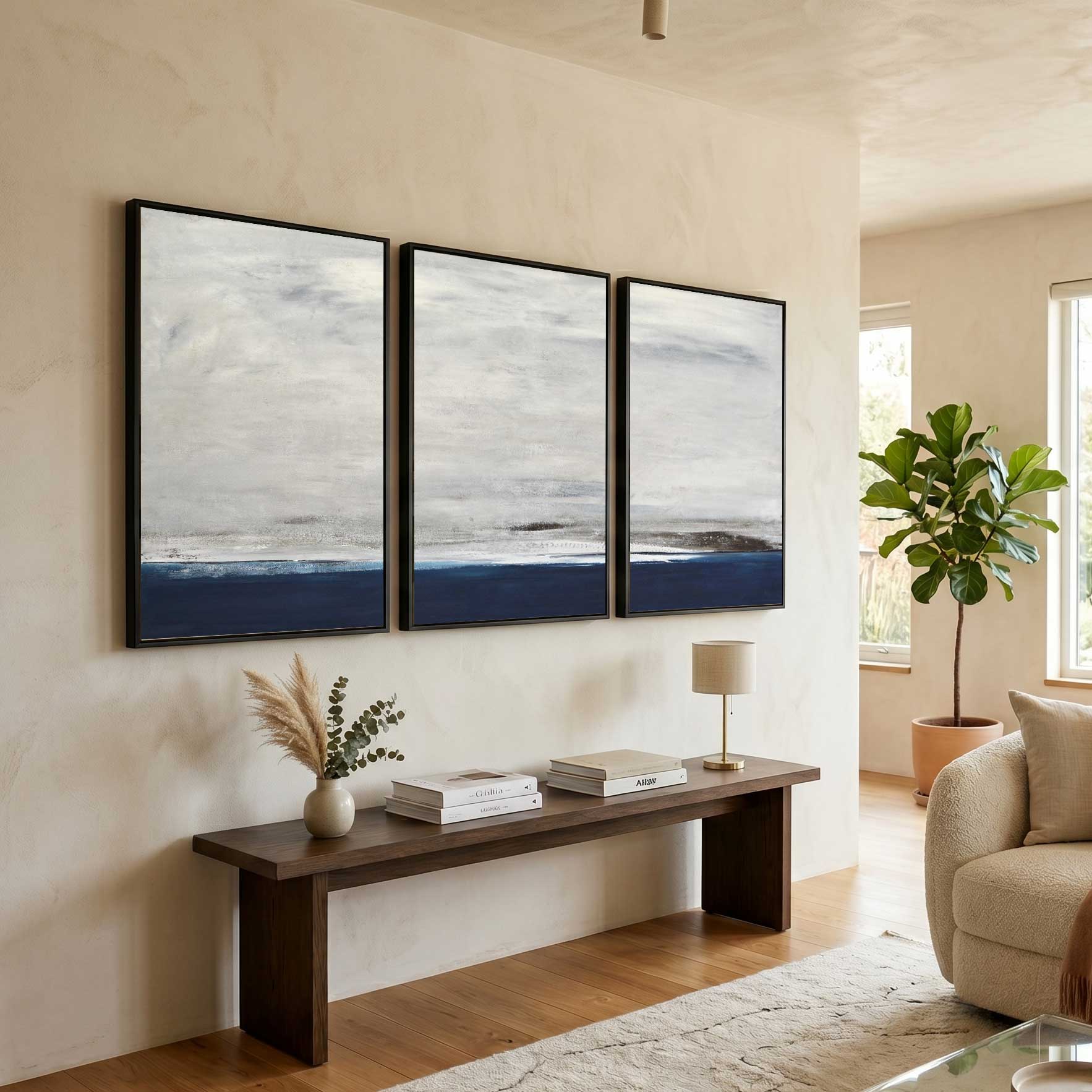 Set of 3 Modern Paintings For living room Blue Gray Brown Wall Art home decor