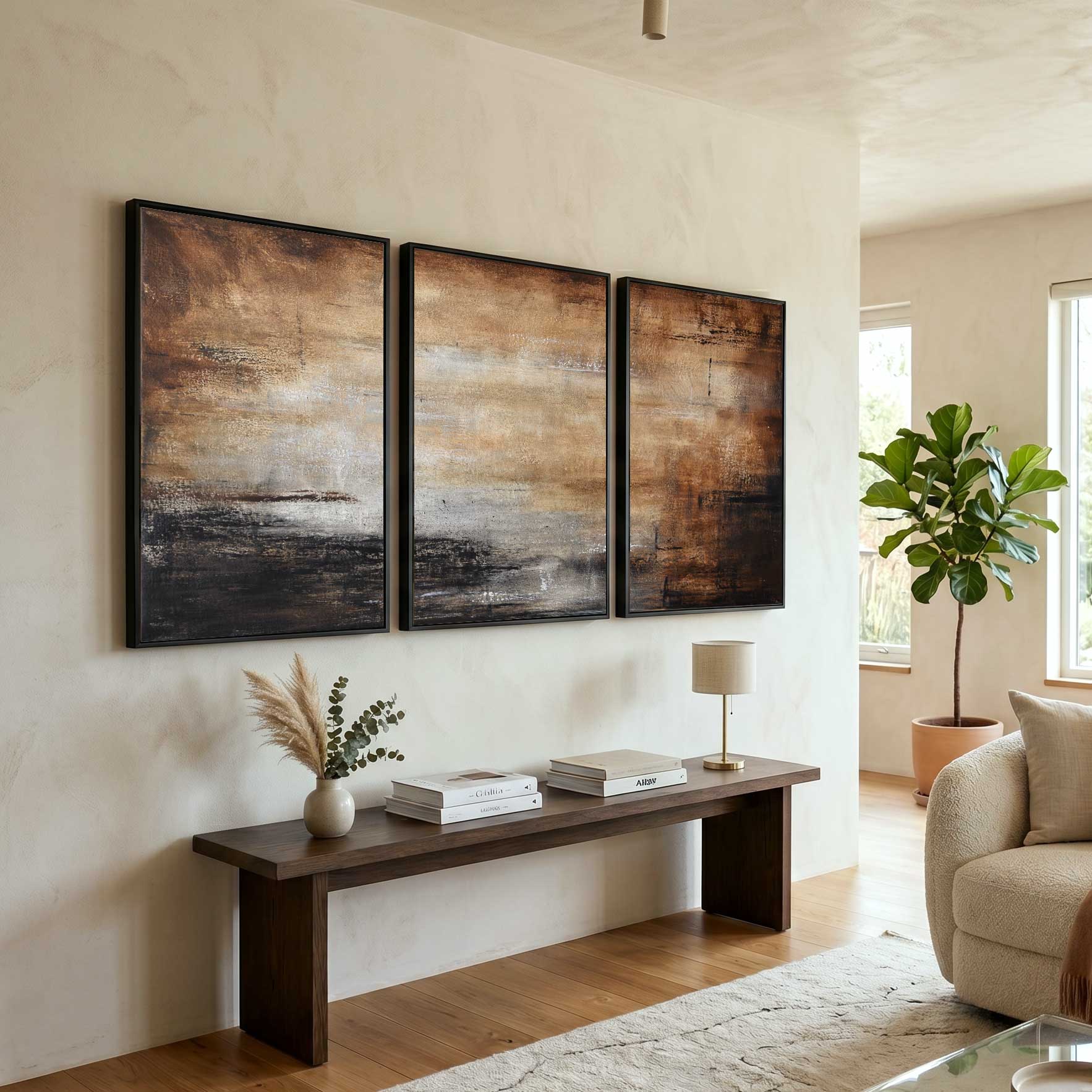 Brown Triptych Paintings Office Art For Reception Conference Room