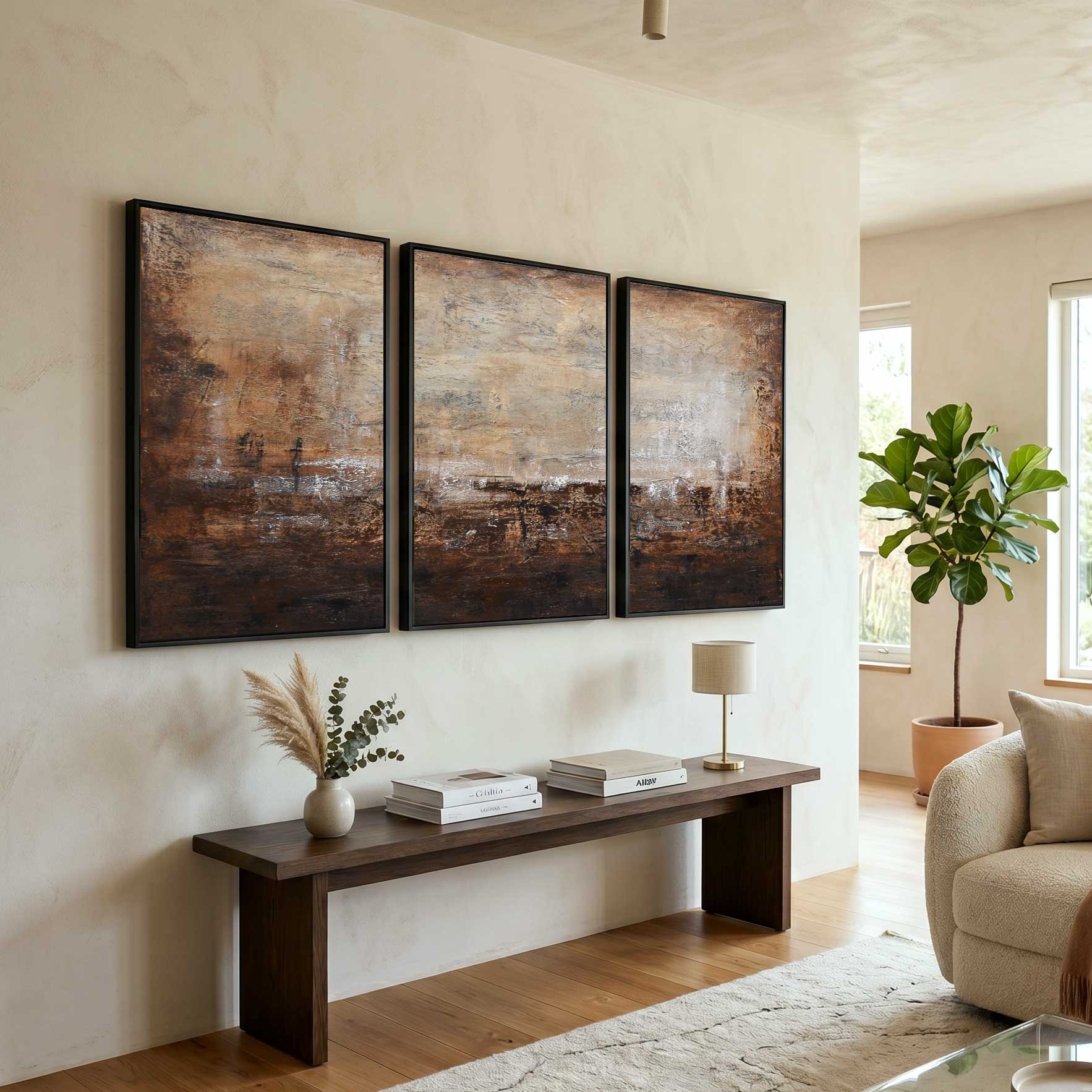 Textured oversized Brown Triptych Abstract Wall Art 3 Piece Framed Wabi Sabi