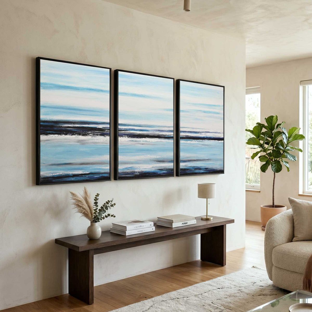 triptych Original Blue White Coastal Paintings For Office Space