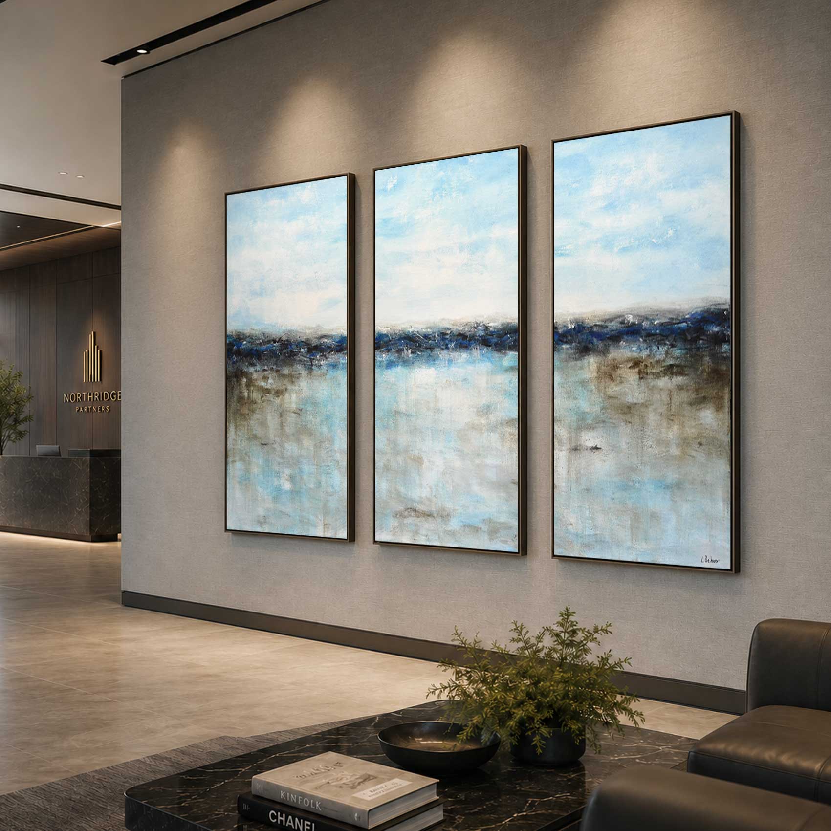 Blue Seascape Paintings Set Of 3 Oversized Modern Art On Canvas office space walls