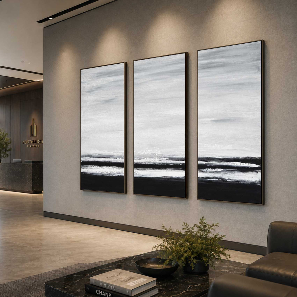 3 Piece Large Framed Artwork Monochrome Black White Interior Design