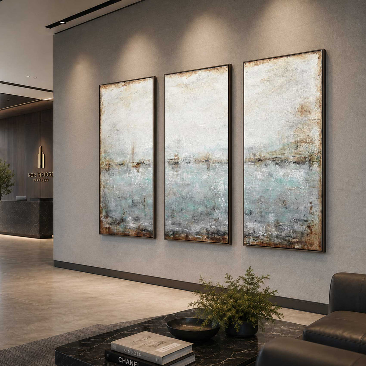 triptych green brown Hand Painted Textured 3 Panel Art Interior Designer Wall Art Canvas lobby