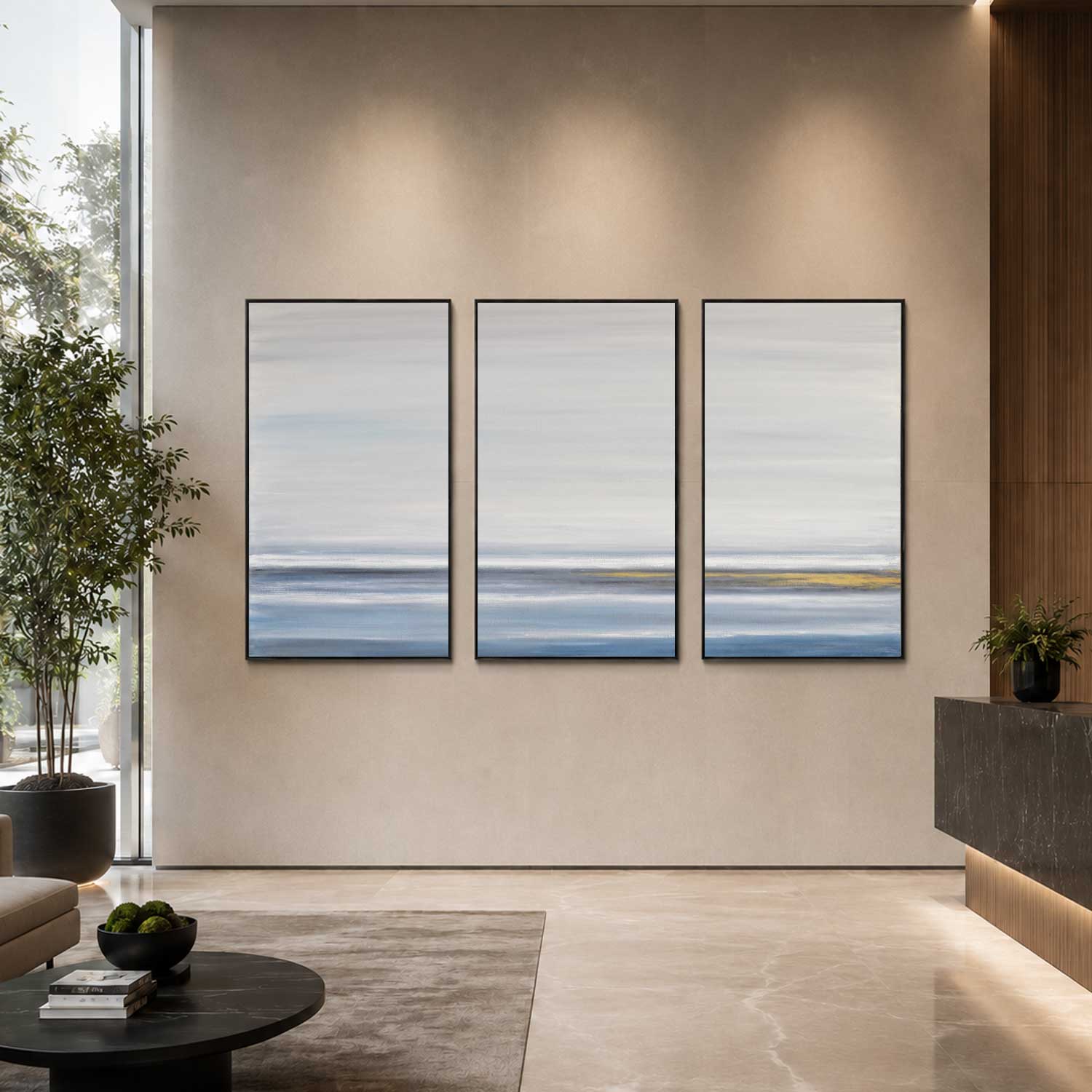 Blue Minimal Triptych Framed Landscape Wall Art Office lobby
