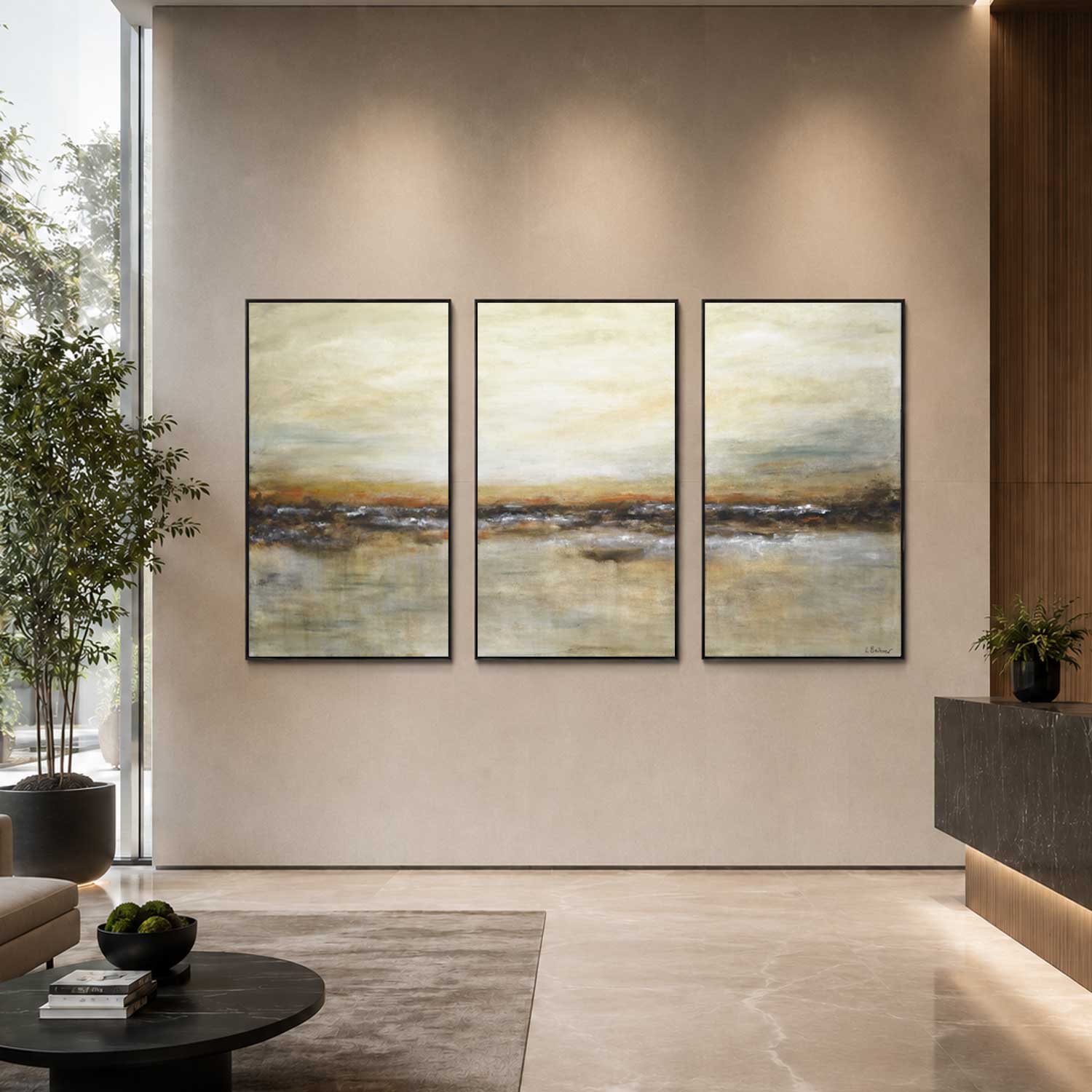 3 Panel Brown Contemporary Paintings Triptych Large Scale Artwork office lobby art