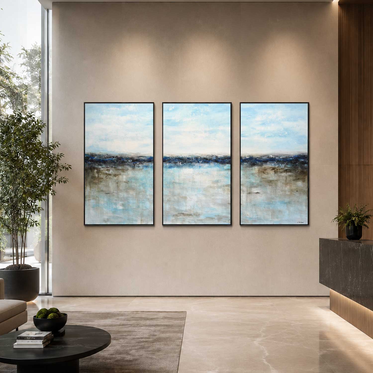 Blue Seascape Paintings Set Of 3 Oversized Modern Art On Canvas