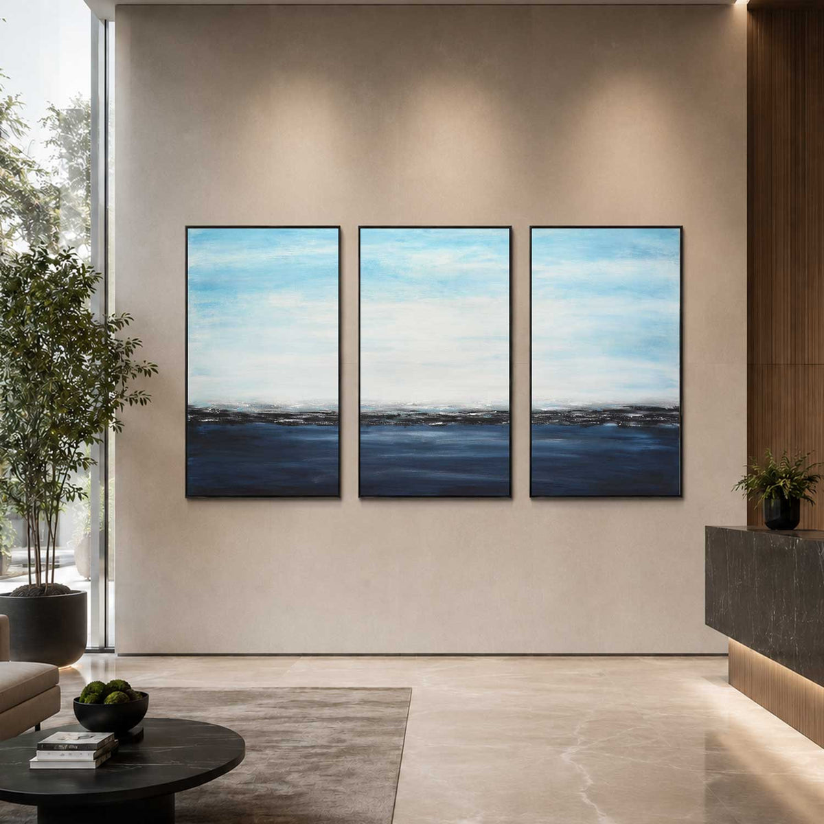 Original Paintings On Canvas Blue Moody 3 Panel Art For Large Walls