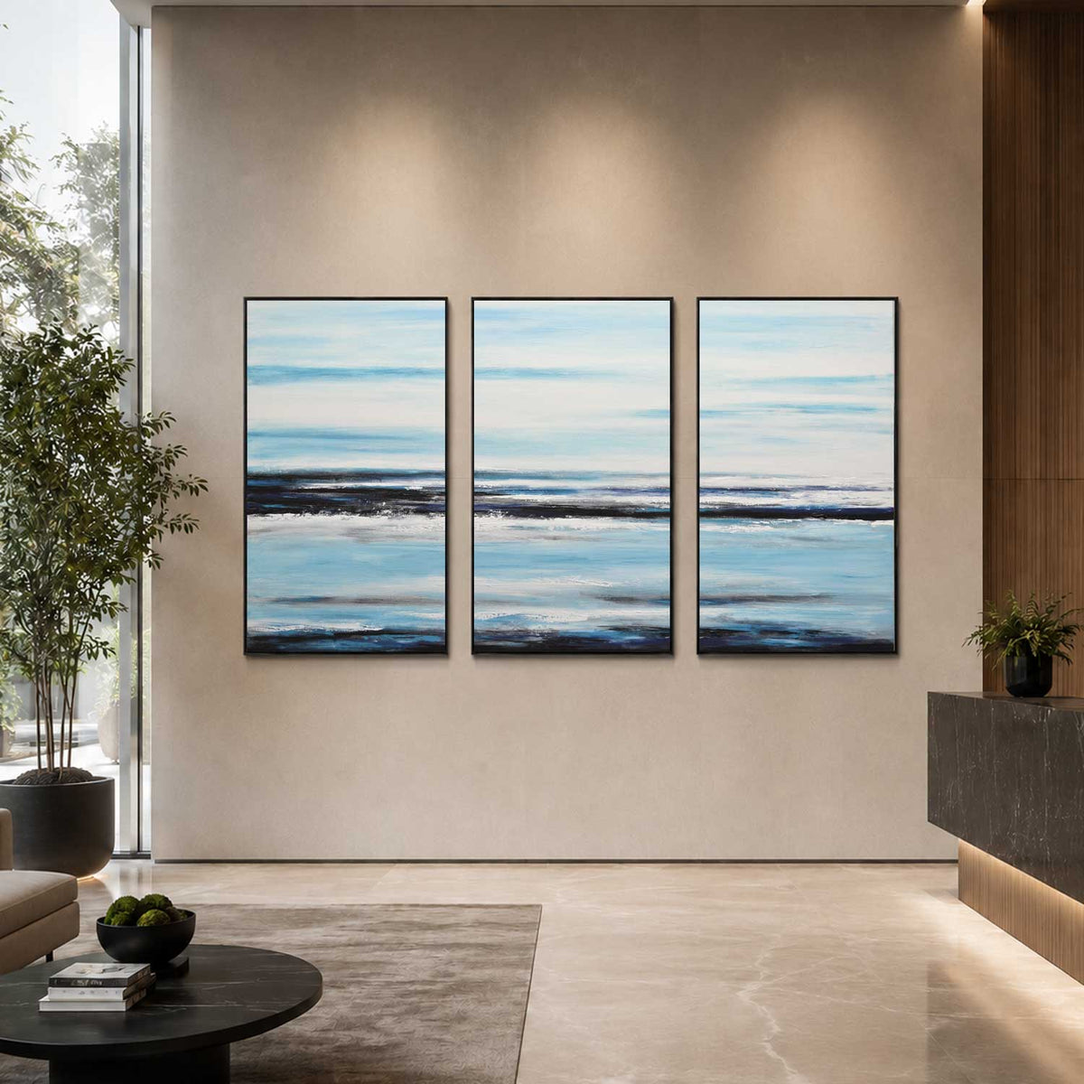 3 piece Original Blue White Coastal Paintings For Office Wall