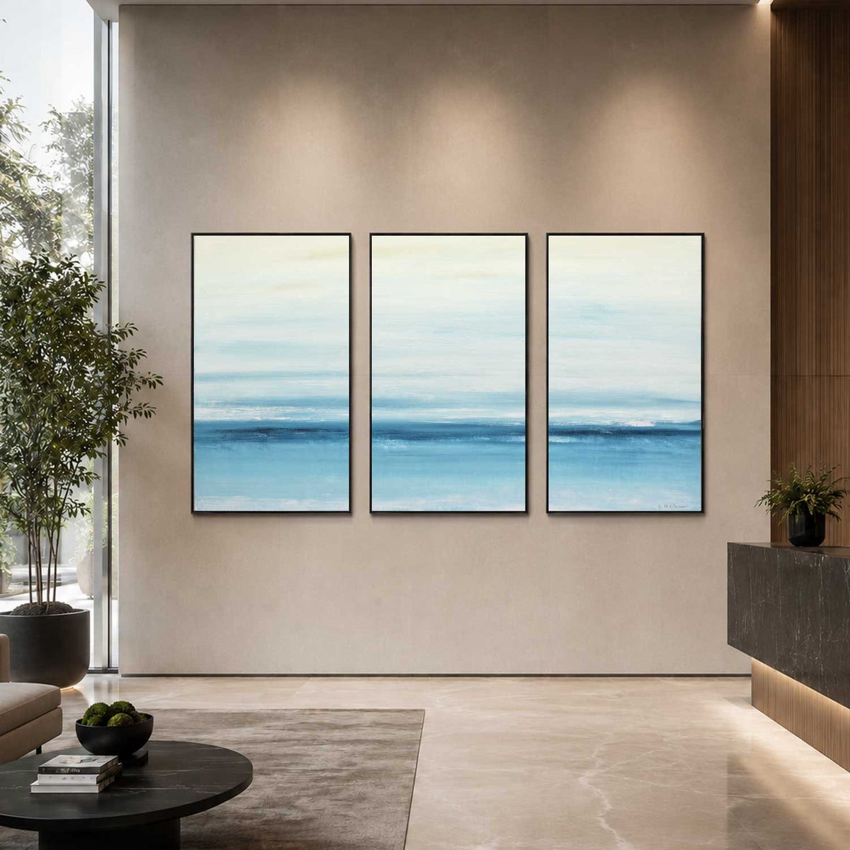 Light Blue Minimal Landscape Triptych Framed Artwork Modern Art