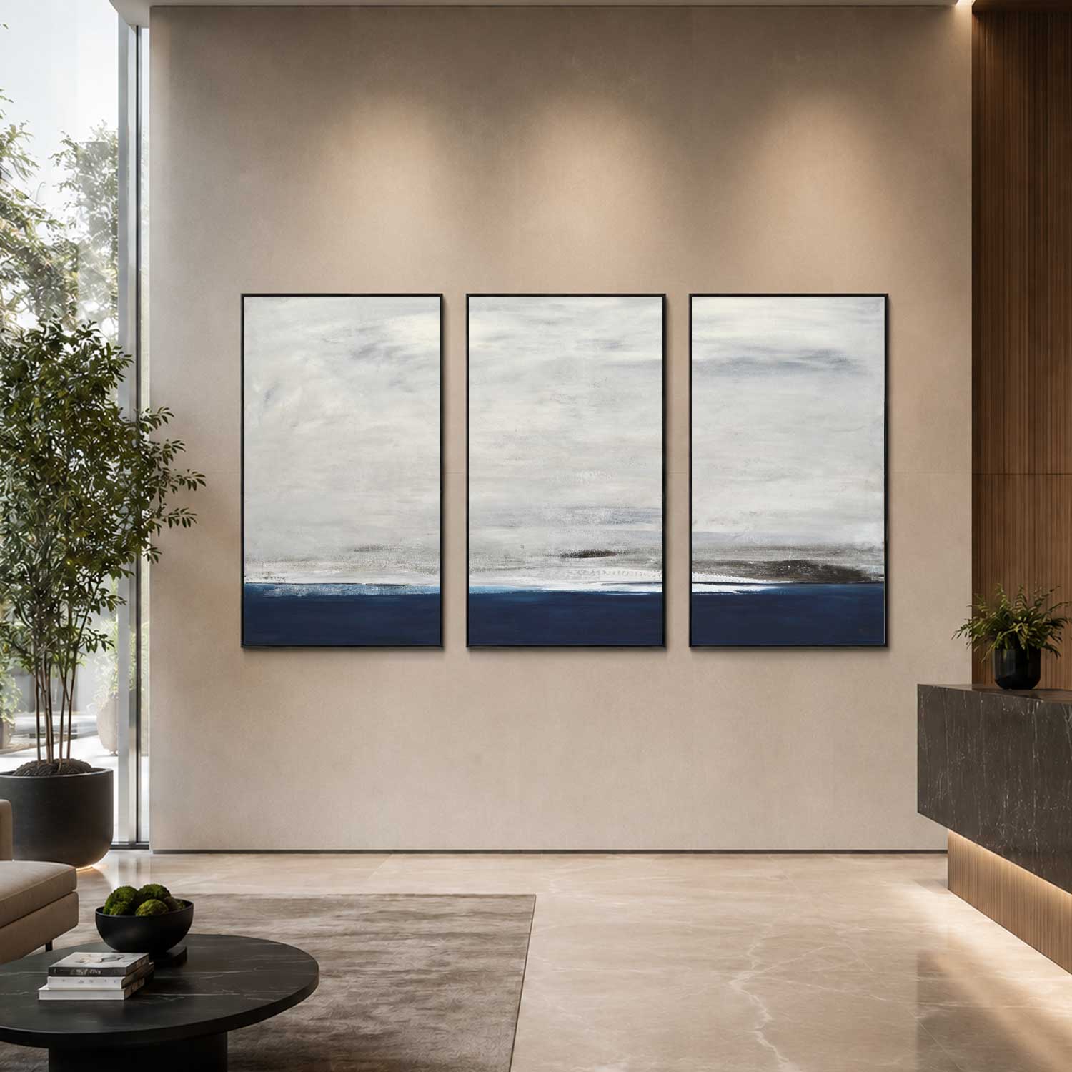 triptych Modern Paintings For Office Lobby Blue Gray Brown Wall Art