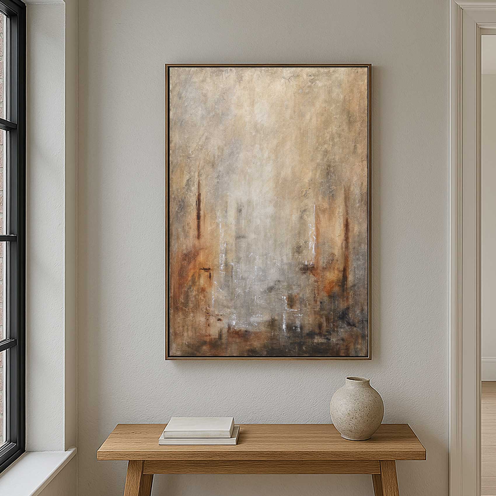 textured painting warm colors above bed