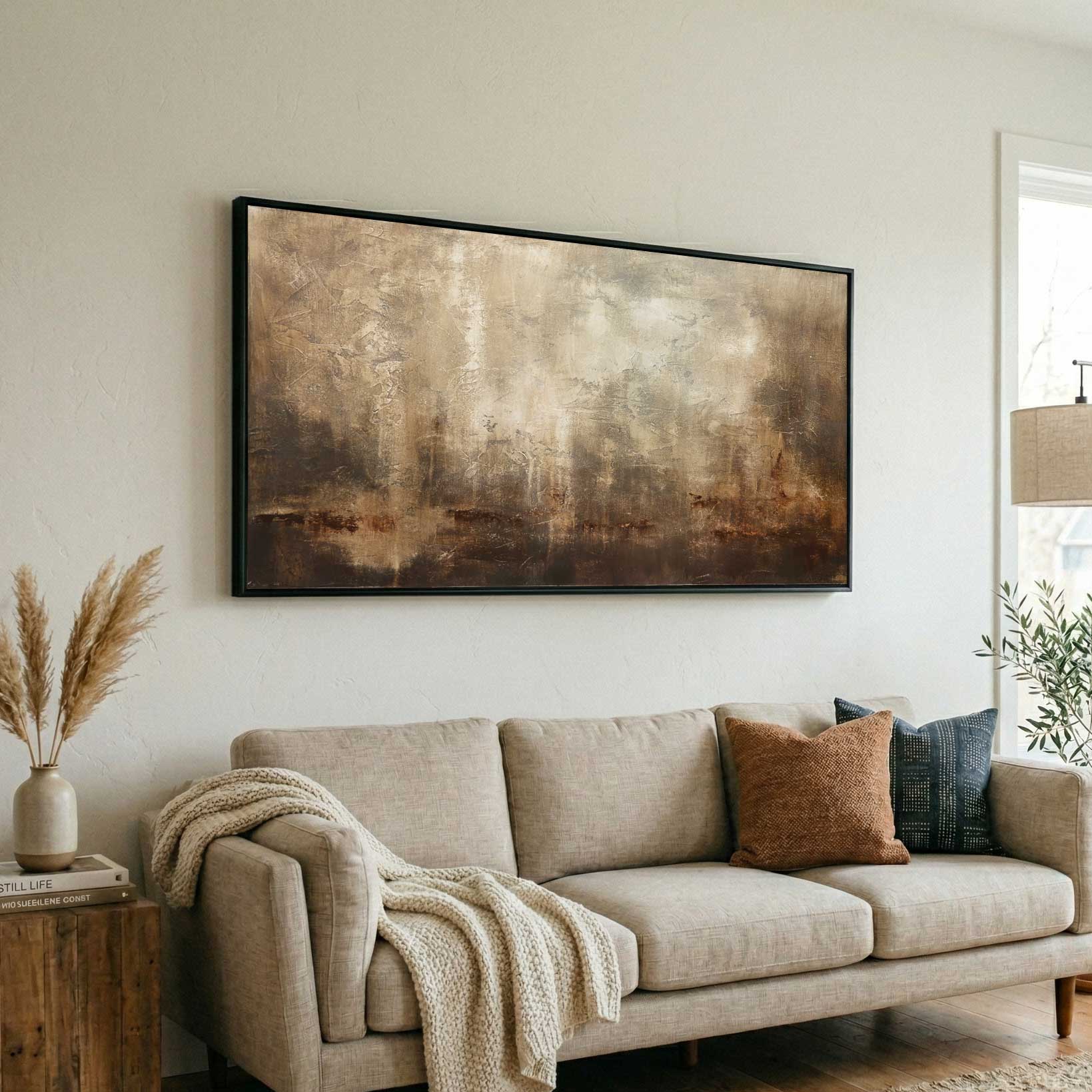 living room Textured Brown Painting Long Art On Canvas Calming Wall Art