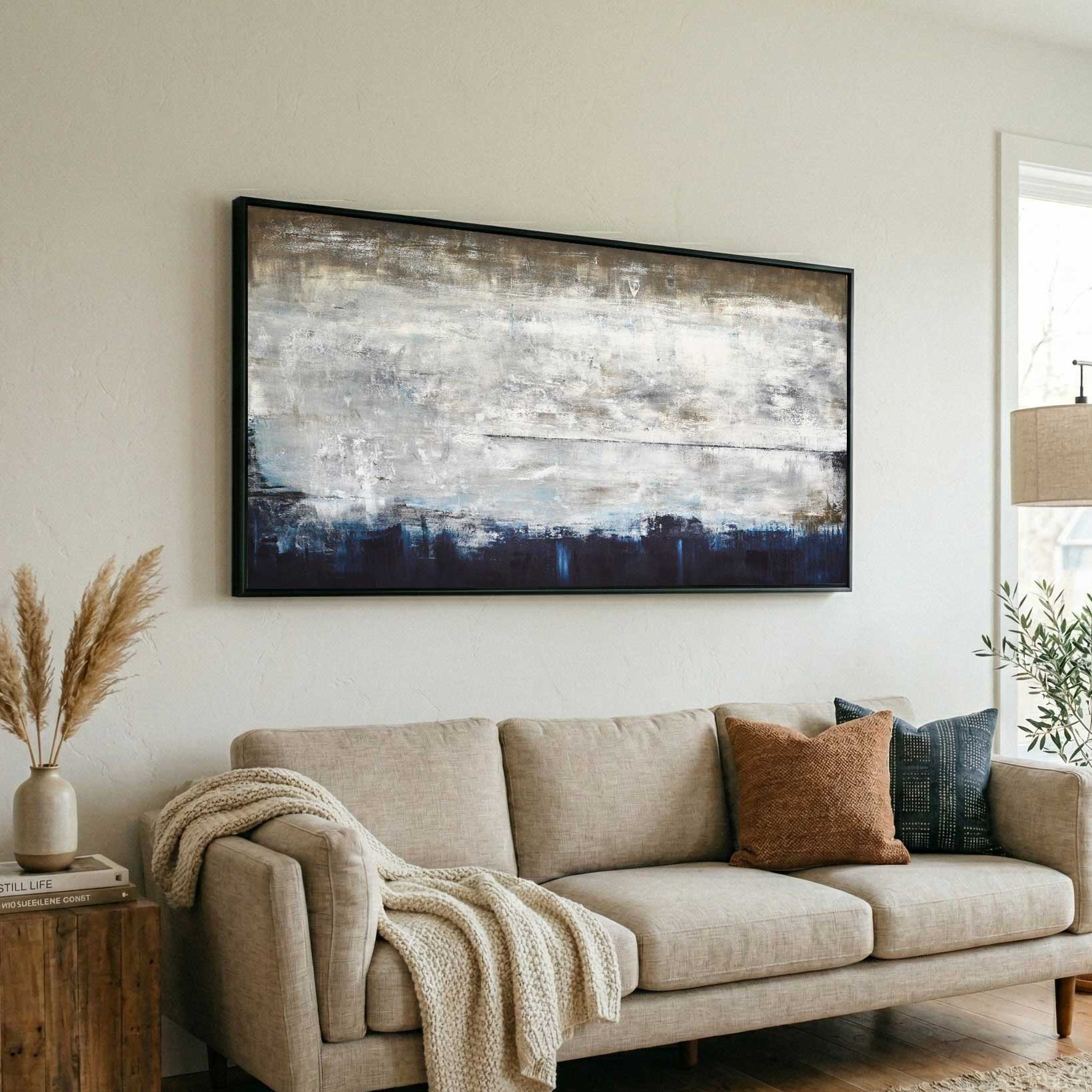 Panoramic Wide Brown Blue Painting Handmade Art above couch